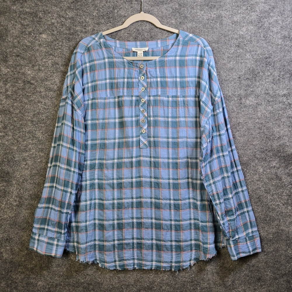 Beach Lunch Lounge Shirt Womens XL Blue Green Plaid Raw Hem Henley Boho Beach
